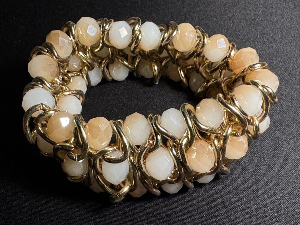 Vintage Gold Tone Link & Beaded Stretch Bracelet Glass Faceted Beads